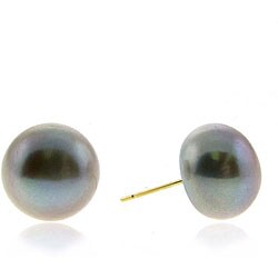 DaVonna 14k Gold Grey Freshwater Pearl Stud Earrings (10-11 mm)
