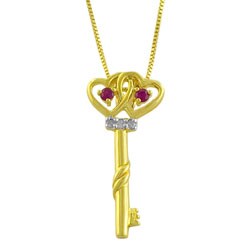 Gold Over Sterling Silver Ruby And Diamond Heart Key Necklace