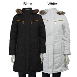 KC Collections Women's Fur Trimmed Long Coat