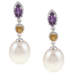14k Gold Freshwater Pearl, Citrine and Amethyst Earrings (8.5-9 mm)