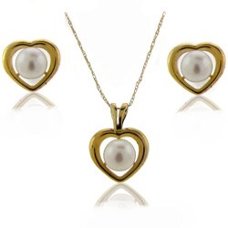 DaVonna 14k Yellow Gold Freshwater Pearl Heart Jewelry Set (5-5.5 mm)