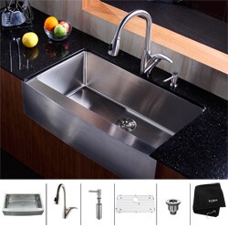 Kraus Stainless Steel Farmhouse Kitchen Sink, Faucet and Dispenser