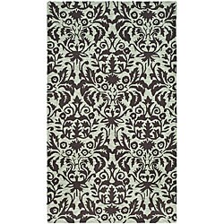 Hand-hooked Damask Sage/ Chocolate Wool Runner (2'6 x 4')