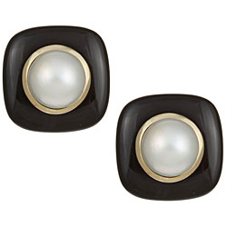 14k Yellow Gold Mabe Pearl and Onyx Earrings (12 mm)