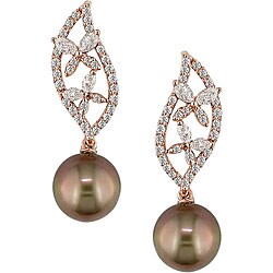 14k Gold Brown Tahitian Pearl/ 3/4ct TDW Diamond Earrings (G-H-I, I1) (9-10 mm)