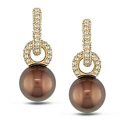 14k Gold Brown Tahitian Pearl and 1ct TDW Diamond Earrings (G-H-I, I1) (9-10 mm)