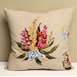 Beige 16x16 'Orchid' Embroidered Cotton Cushion Cover (India)
