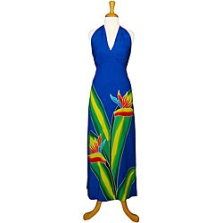 Hand-painted Bird of Paradise Long Royal Blue Dress (Indonesia)
