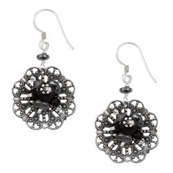 Sterling Silver Onyx and Hematite Filigree Flower Earrings