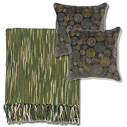 Green/ Ivory Throw Blanket and Decorative Pillows