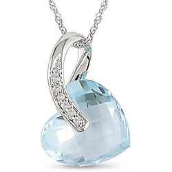 10k White Gold Blue Topaz and Diamond Heart Necklace