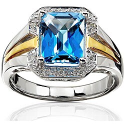 Silver and Goldplated Emerald-cut Blue Topaz and Diamond Ring