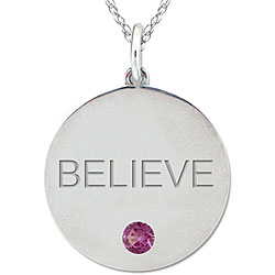 10k Gold June Birthstone Rhodolite Engraved 'BELIEVE' Necklace