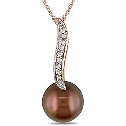 10k Pink Gold Brown Pearl and Diamond Necklace (9.5-10 mm)