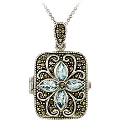Glitzy Rocks Sterling Silver Marcasite and Blue Topaz Locket Necklace