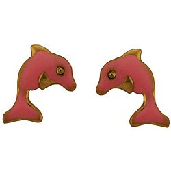 14k Yellow Gold Pink Enamel Dolphin Stud Earrings