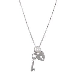 Sterling Silver Freshwater Pearl Key and Heart Necklace (5-5.5 mm)