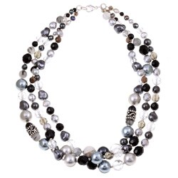 Silver Freshwater Pearl and Multi-gemstone 3-strand Necklace (12 mm)
