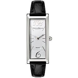 Christian Bernard Women's Rectangle Case Black Leather Strap Watch