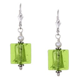 Charming Life Silver Pearl Lime Green Square Earrings (3.5 mm)