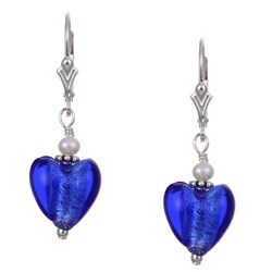Charming Life Silver Cobalt Blue Heart and Pearl Earrings (3.5 mm)