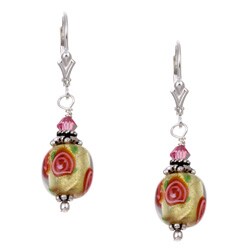 Charming Life Sterling Silver Gold with Pink Roses Glass Earrings
