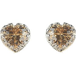 Sterling Silver Champagne Cubic Zirconia Heart-shaped Stud Earrings
