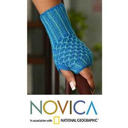 Alpaca Wool 'Turquoise Honeycomb' Fingerless Mitts (Peru)