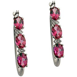 10k White Gold Oval-cut Pink Topaz and Diamond Hoop Earrings 