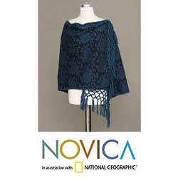 'Blue Blossom' Alpaca Wool Reversible Shawl (Peru)