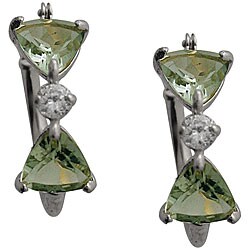 10k White Gold Trillion-cut Green Amethyst and Cubic Zironia Hoop Earrings