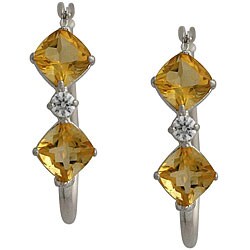 10k White Gold Cushion-cut Citrine and Cubic Zirconia Hoop Earrings