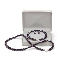 Black FW Pearl 3-piece Jewelry Set with White Leatherette Box (6-7 mm)