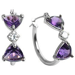 10k White Gold Trillion-cut Amethyst and Cubic Zirconia Hoop Earrings