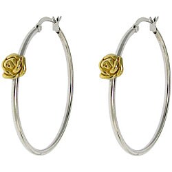 Two-tone Sterling Silver Rose Hoop Earrings