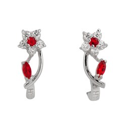 Sterling Silver Red and White Cubic Zirconia Flower Earrings