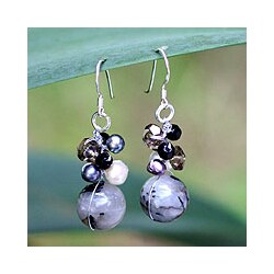 Pearl and Rutile Quartz Cluster 'Sophisticate' Earrings (4-6 mm) (Thailand)