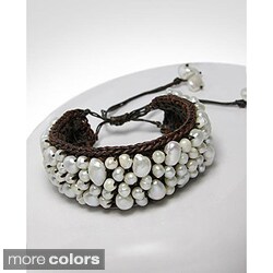 Cotton Modern Mosaic White Freshwater Pearl Pull Bracelet (Thailand)