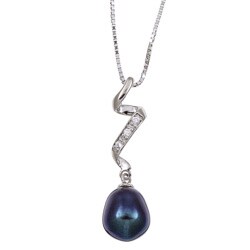 Sterling Silver Black Freshwater Pearl and Cubic Zirconia Necklace