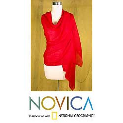 Silk and Cashmere Wool 'Red Romance' Shawl (India)