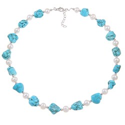 White Freshwater Pearl and Baroque Turquoise Bead Necklace (7-8 mm)