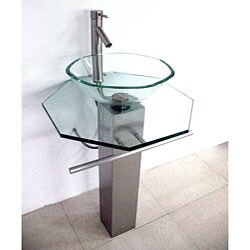 Brushed Stainless Steel Pedestal Glass Vanity with Brushed Nickel Faucet