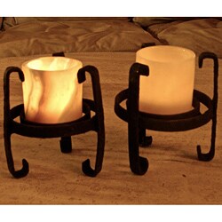 Set of 2 Cylinder Alabaster and Iron Candle Holders (Egypt)