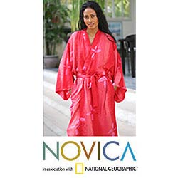 Women's Rayon 'Kissed By Crimson' Batik Robe (Indonesia)