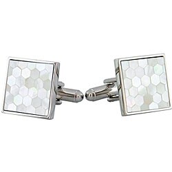 Rhodium Plated White Mother of Pearl Honeycomb Design Cuff Links
