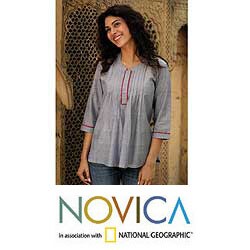 Handmade Women's 'Blue Cloud' Cotton Blouse (India)