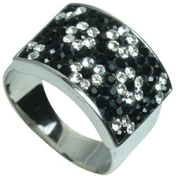 Sterling Silver Black and White Crystal Flower Ring