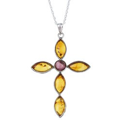Stainless Steel Amber/ Tourmaline Cross Necklace