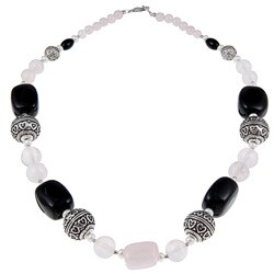Lee Sands Silvertone Rose Quartz and Black Onyx Nugget Necklace