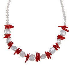 Lee Sands Silvertone FW Pearl and Red Coral Necklace (10-11 mm)